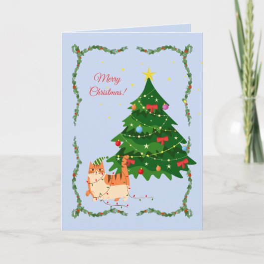 Kerstlichtjes Kat Grappig Kaart (Voorkant)