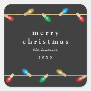 Kerstlichtjes met vintage gloeilampen cadeaubijslu vierkante sticker
