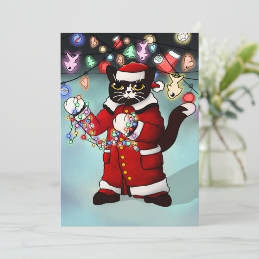 Kerstlichtjes Schattige Tuxedo Kat Kaart (Staand voorkant)