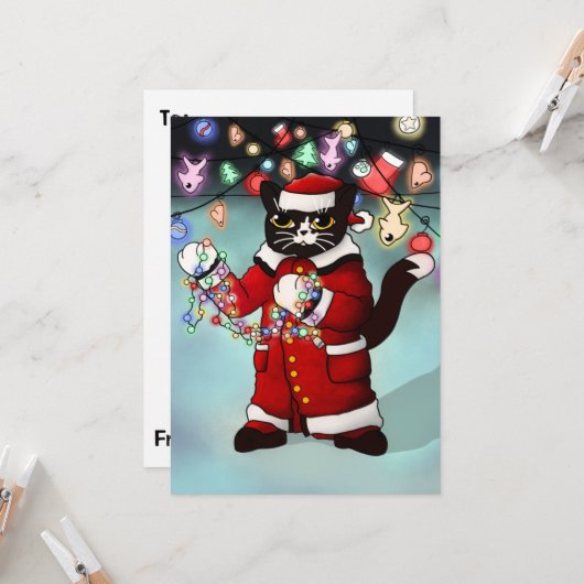 Kerstlichtjes Schattige Tuxedo Kat Kaart (Voorkant / Achterkant in situ)