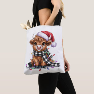 Kerstlichtjes Schotse Koe Santa Hoed Tote Bag