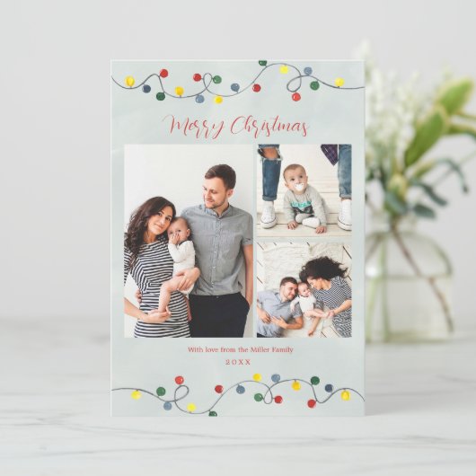 Kerstlichtjes Vrolijk Kerstmis Familie Foto Feestdagenkaart (Staand voorkant)