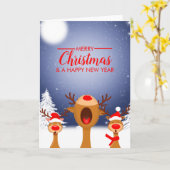 Kerstlied zingen rendier Kerstmis Kaart (Gele Bloem)