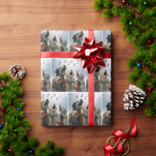 Kerstlied zingende honden in sneeuwvlokken cadeaupapier