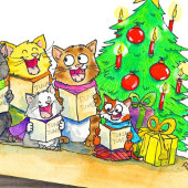 Kerstlied zingende katten  briefkaart