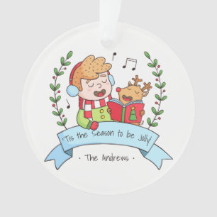 Kerstliederen zingende jongen en rendier kerstboom ornament