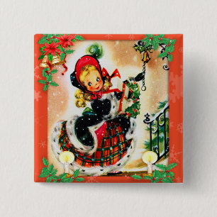 Kerstliedjes zingen in vintage stijl vierkante button 5,1 cm