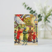 Kerstliedjes zingen op een besneeuwde avond feestdagenkaart (Staand voorkant)