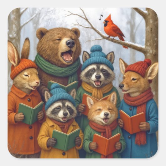 Kerstliedjes zingende bosdieren vierkante sticker (Voorkant)