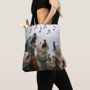 Kerstliedjes zingende honden in sneeuwvlokken tote bag