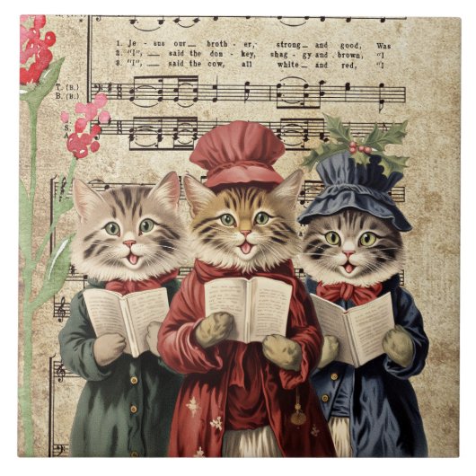 Kerstliedjes zingende katten tegeltje (Voorkant)