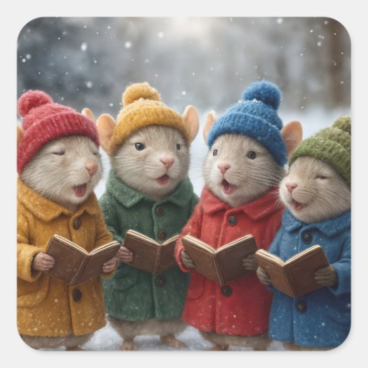 Kerstliedjes zingende muizen in de sneeuw vierkante sticker (Voorkant)