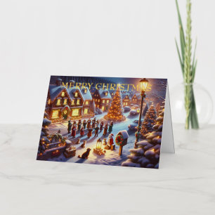 Kerstliedjeszangers met huisdieren op het dorpsple folie feestdagenkaart