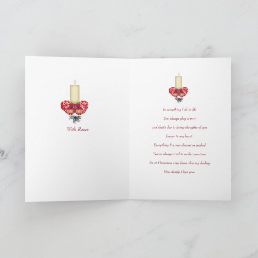 Kerstliefde, kaars, Rozen Groeten Kaart (Binnen)