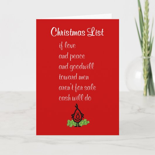 Kerstlijst - een grappig vrolijk Kerstgedicht Kaart (Voorkant)