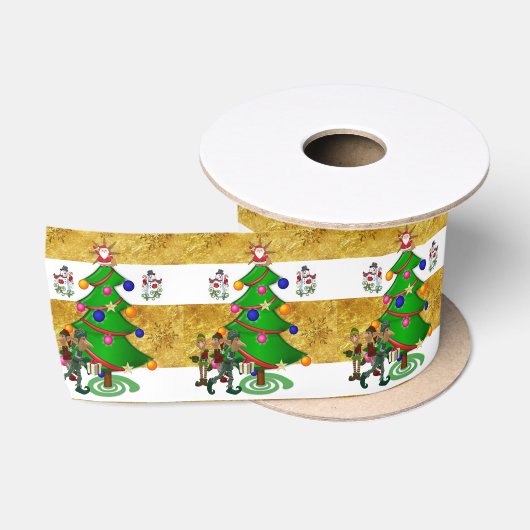 Kerstlint, Prettig Kerstfeest Sneeuwman Elf Satijnen Lint (Spoel)