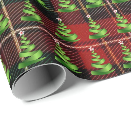 Kerstlintbomen op Tartan Plaid Cadeaupapier (Rol Hoek)