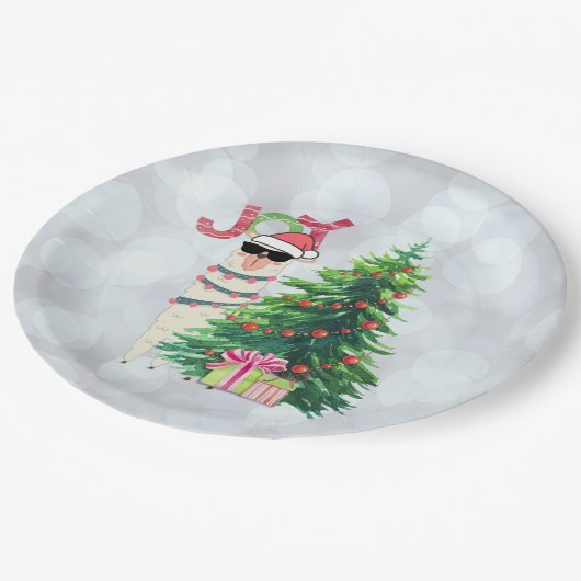 Kerstllama | Joy Typografie | Silver Bokeh Papieren Bordje (Gekanteld)