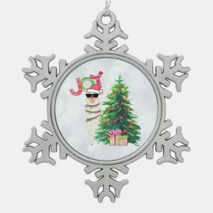 Kerstllama   Joy Typografie   Silver Bokeh Tin Sneeuwvlok Ornament