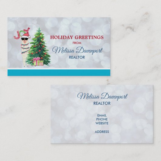 Kerstllama | Joy Typografie | Silver Bokeh Visitekaartje (Voorkant / Achterkant)