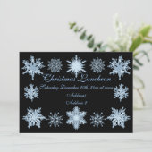 Kerstlunch blauwe sneeuwvlokken kaart (Staand voorkant)