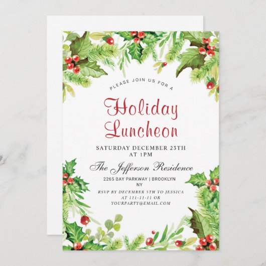 Kerstlunch Rood Hulstbes Kerstmis Kaart (Voorkant / Achterkant)