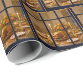 Kerstmaal met kalkoen in venster cadeaupapier (Rol Hoek)