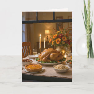 Kerstmaal met kalkoen in venster feestdagen kaart
