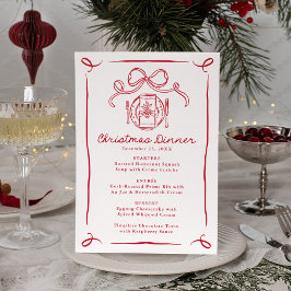 Kerstmaal met speelse handgetekende rode strik menu