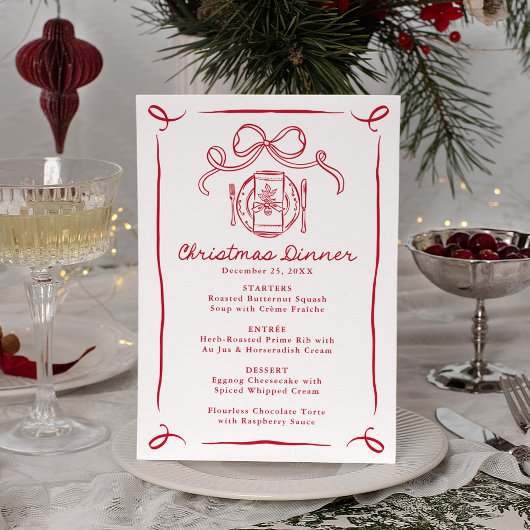 Kerstmaal met speelse handgetekende rode strik menu