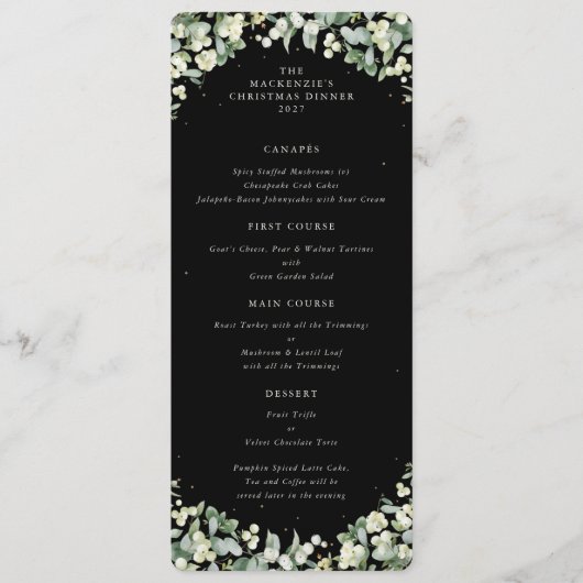 Kerstmaal met zwarte sneeuwbes Plat 4-gangenmenu Menu (Voorkant)