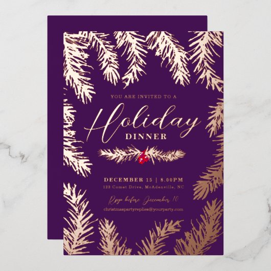 Kerstmaal rode bes paars folie feestdagenkaart (Voorkant / Achterkant)