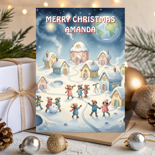 Kerstmaan Dorp Kinderkaart Feestdagen Kaart