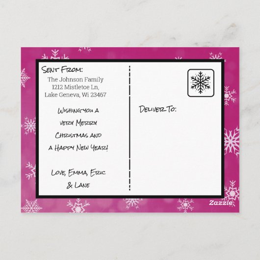 Kerstmagenta Snowflakes familiekaart Briefkaart (Achterkant)
