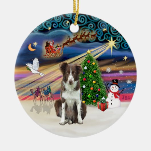 Kerstmagie - Border Collie (bruin-wit) Keramisch Ornament (Voorkant)