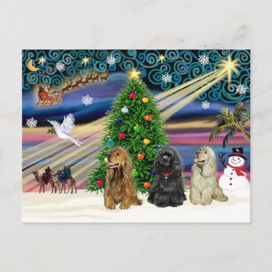 Kerstmagie Cocker Spaniels (drie) Feestdagenkaart (Voorkant)