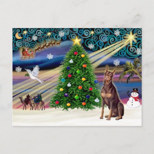 Kerstmagie Dobermann Pinscher (rood) Feestdagenkaart (Voorkant)