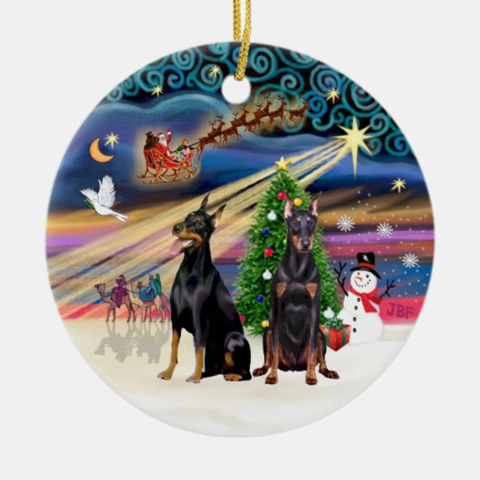 Kerstmagie - Dobermanns (twee) Keramisch Ornament (Voorkant)