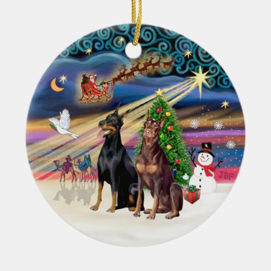 Kerstmagie - Dobermanns (TWO-Blk-Rood) Keramisch Ornament (Voorkant)