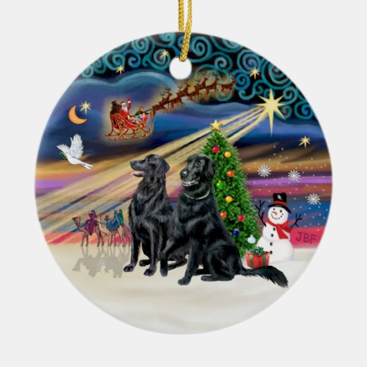 Kerstmagie - Flat Coated Retrievers (twee) Keramisch Ornament (Voorkant)