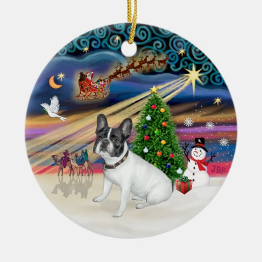 Kerstmagie - Franse Bulldog (wit-zwart) Keramisch Ornament (Voorkant)