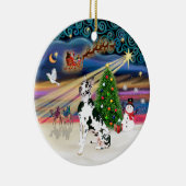 Kerstmagie - Harlequin Dog Keramisch Ornament (Rechts)