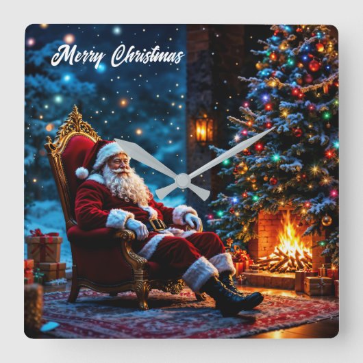 Kerstmagie Kerstman gezellige open haard Vierkante Klok (Voorkant)