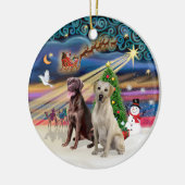 Kerstmagie - Labradors (Choc-Geel) Keramisch Ornament (Links)
