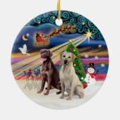 Kerstmagie - Labradors (Choc-Geel) Keramisch Ornament (Achterkant)