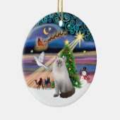 Kerstmagie -  Lapjeskat (blauw roomwit) Keramisch Ornament (Rechts)