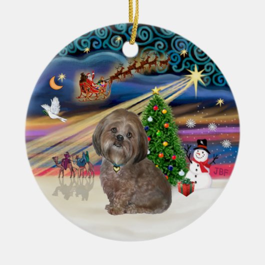 Kerstmagie - Lhasa Apso (bruin) Keramisch Ornament (Voorkant)