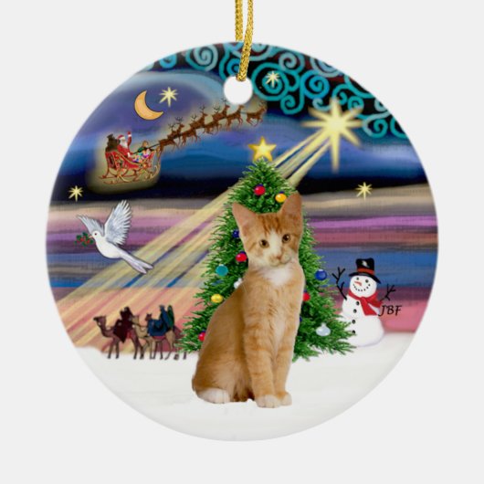 Kerstmagie - Oranje - witte tabbykat 40 Keramisch Ornament (Voorkant)