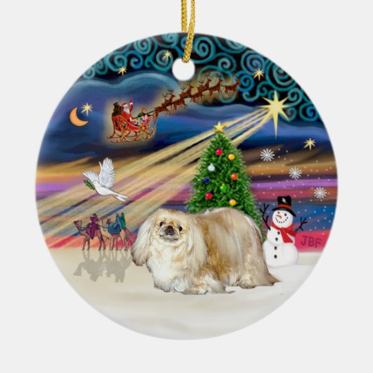 Kerstmagie - Pekingees (crème) Keramisch Ornament (Voorkant)