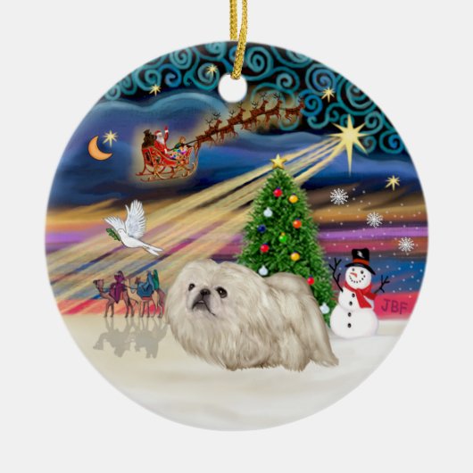 Kerstmagie - Pekingees (wit) Keramisch Ornament (Voorkant)